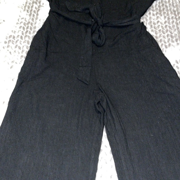 Anrabess Black Linen Blend Romper/Jumpsuit. Wide Leg w waist tie belt.  Large. - Picture 3 of 14
